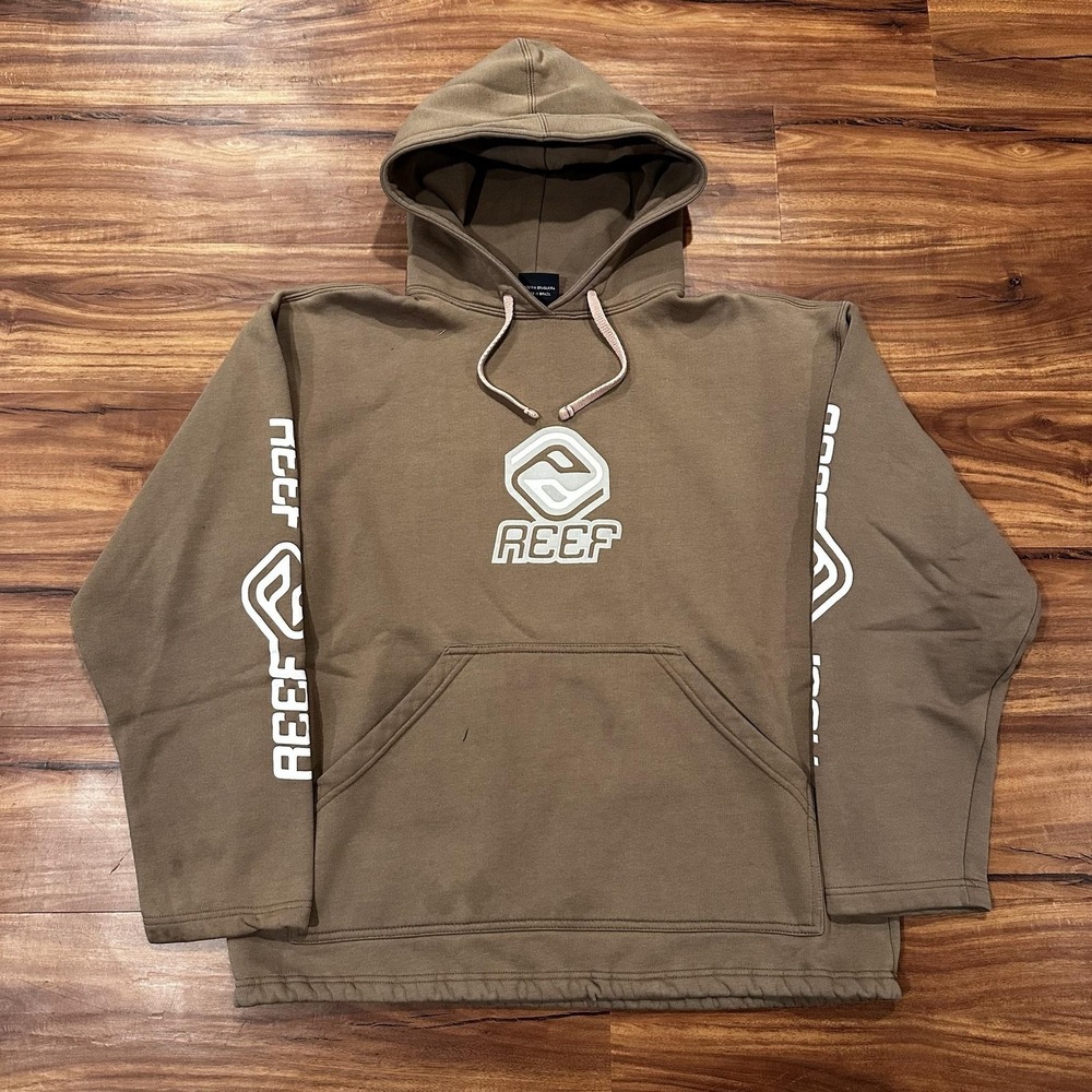 Reef Hoodie Mens Medium Brown Fleece Pullover Sweatshirt Reef Logo Surf Graphic
